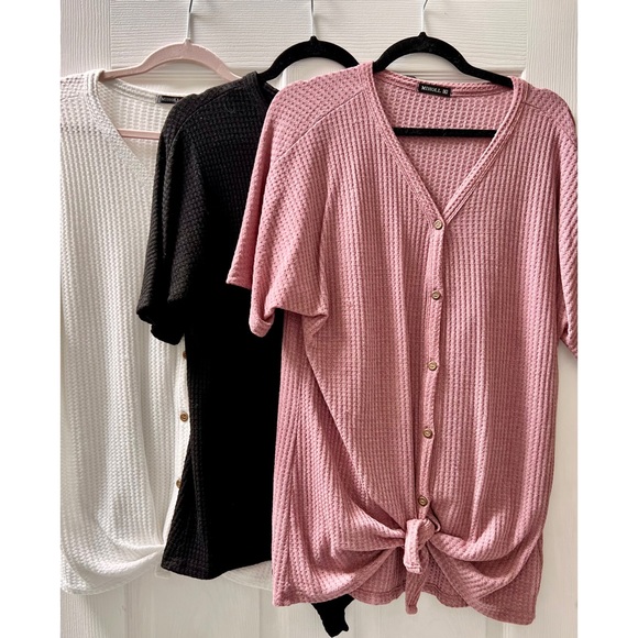 3-Pack Waffle Knit Short Sleeve Tops, Tie Front, Button Up, Mauve/Black/White XL - Picture 1 of 3